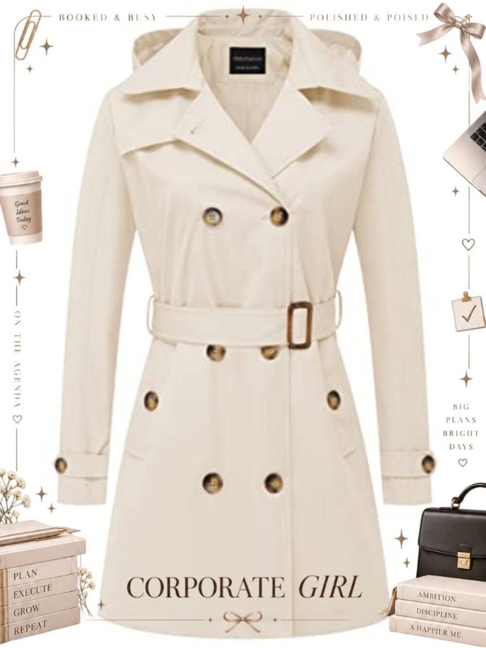 Women's Double-Breasted Trench Coat Belted Slim Detachable Hood
